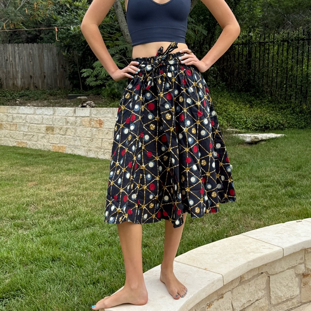 Women's Black Patterned Circle Skirt with Red & Gold Accents